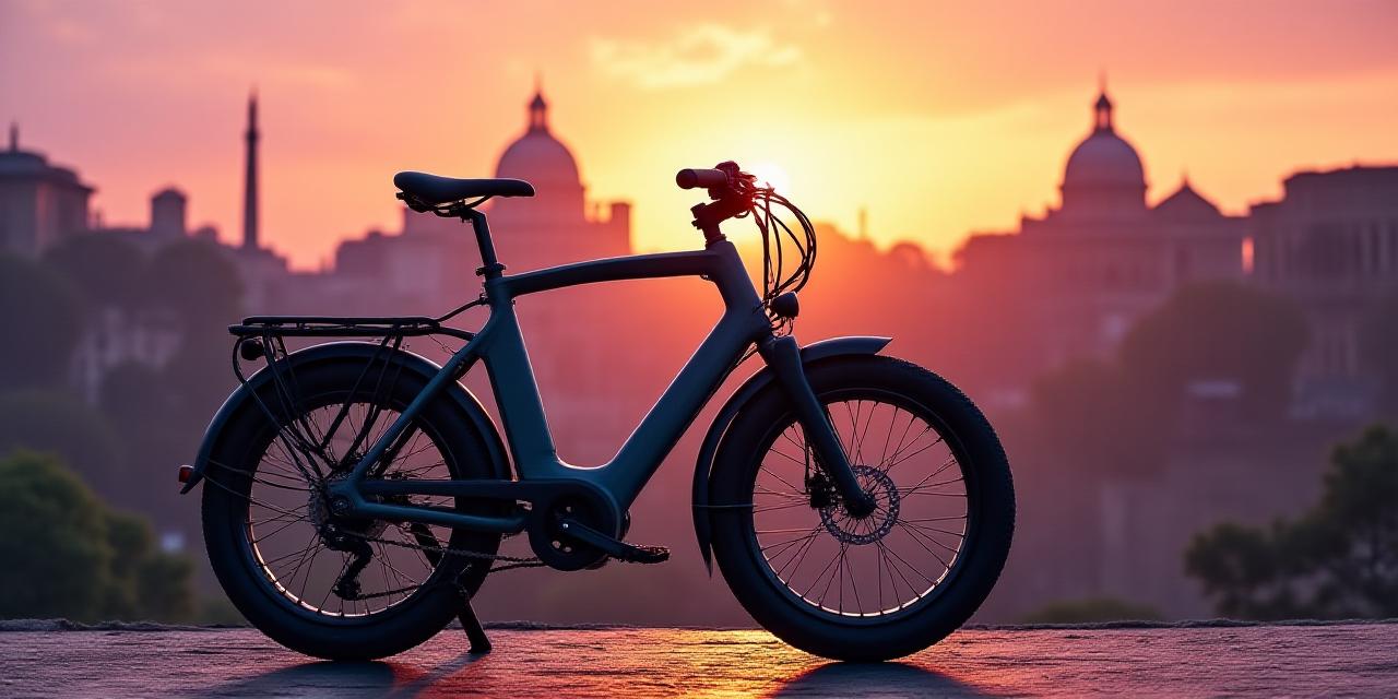 Vista panoramica di Roma con un'e-bike futuristica in primo piano